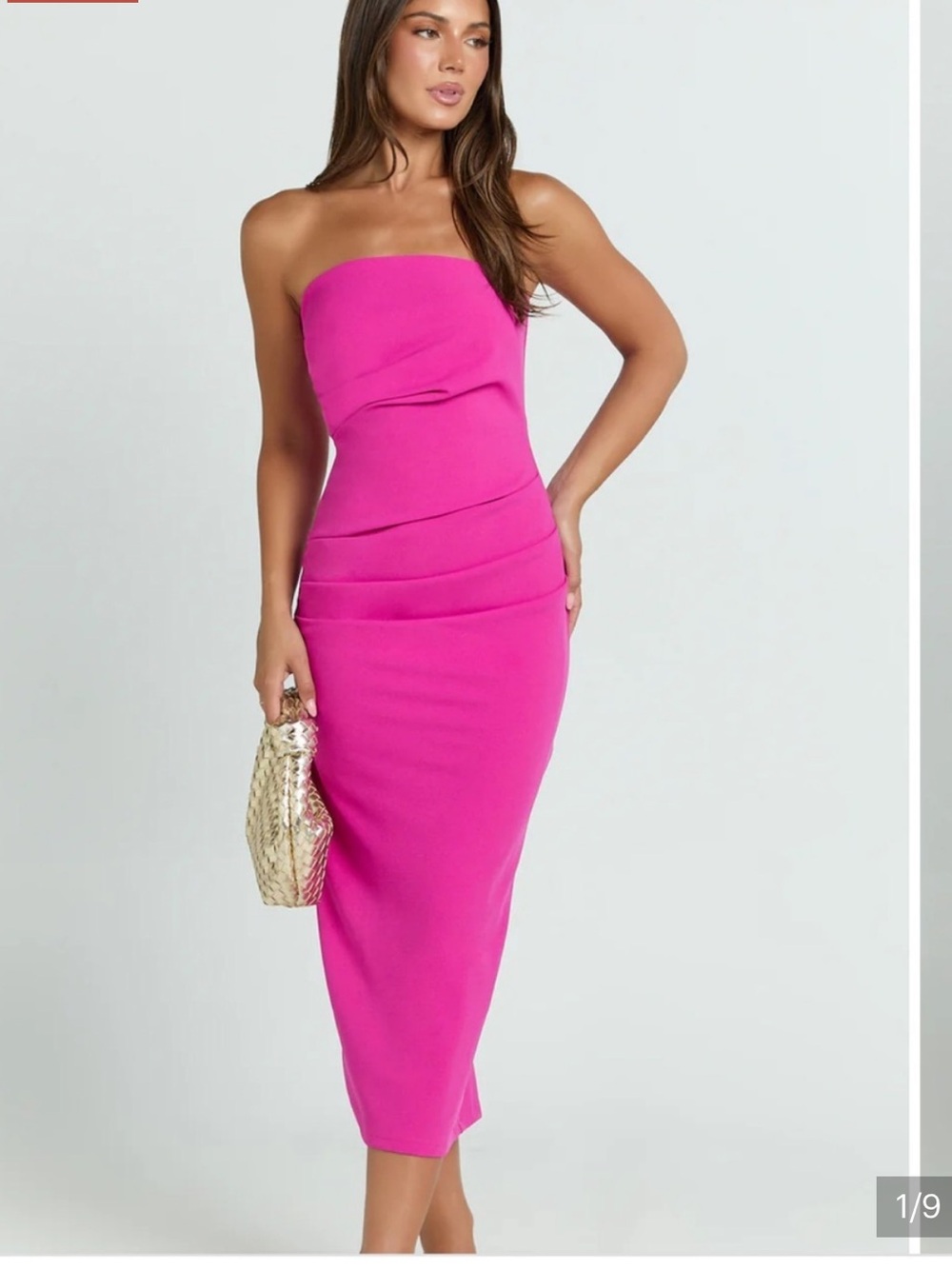 SHOWPO pink strapless dress. Calanthe Midi tuck detail orchid dress.